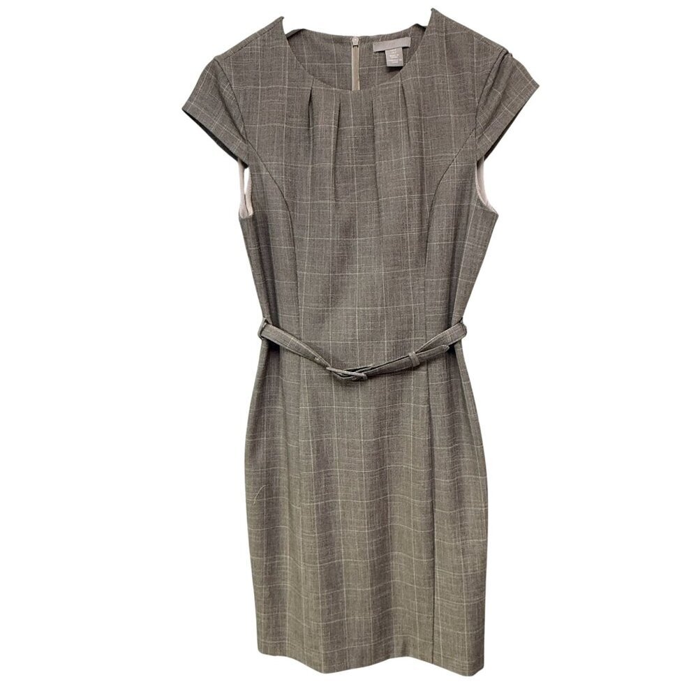 H&M Dress Womens Small Brown Check Tan Belted Office Career Classic Shift